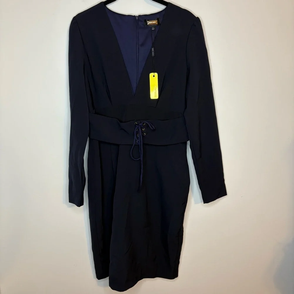Alexia Admor Dark Navy Blue Long Sleeve V-Neck Dress Size Large NWT - Picture 1 of 10